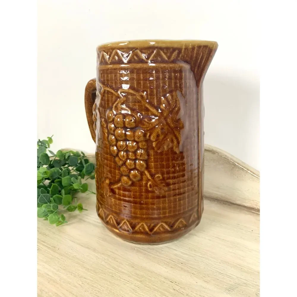 Antique North Star Stoneware Pitcher Brown Glaze Jug Vase Rustic Cottagecore